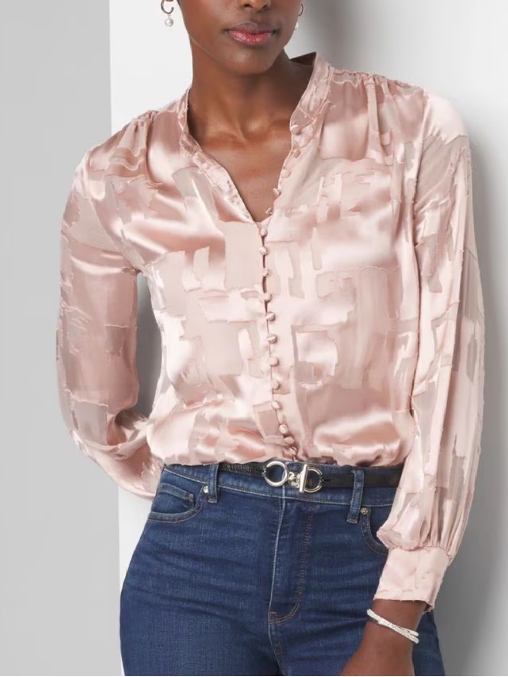 White House Black Market Pink Silk Burnout Button-Front long sleeve Blouse